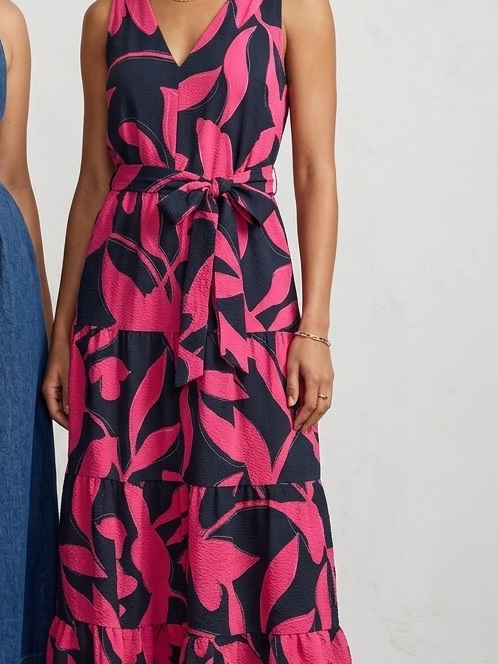 Dkny Navy And Hot Pink Floral Tie-Waist Maxi Dress
